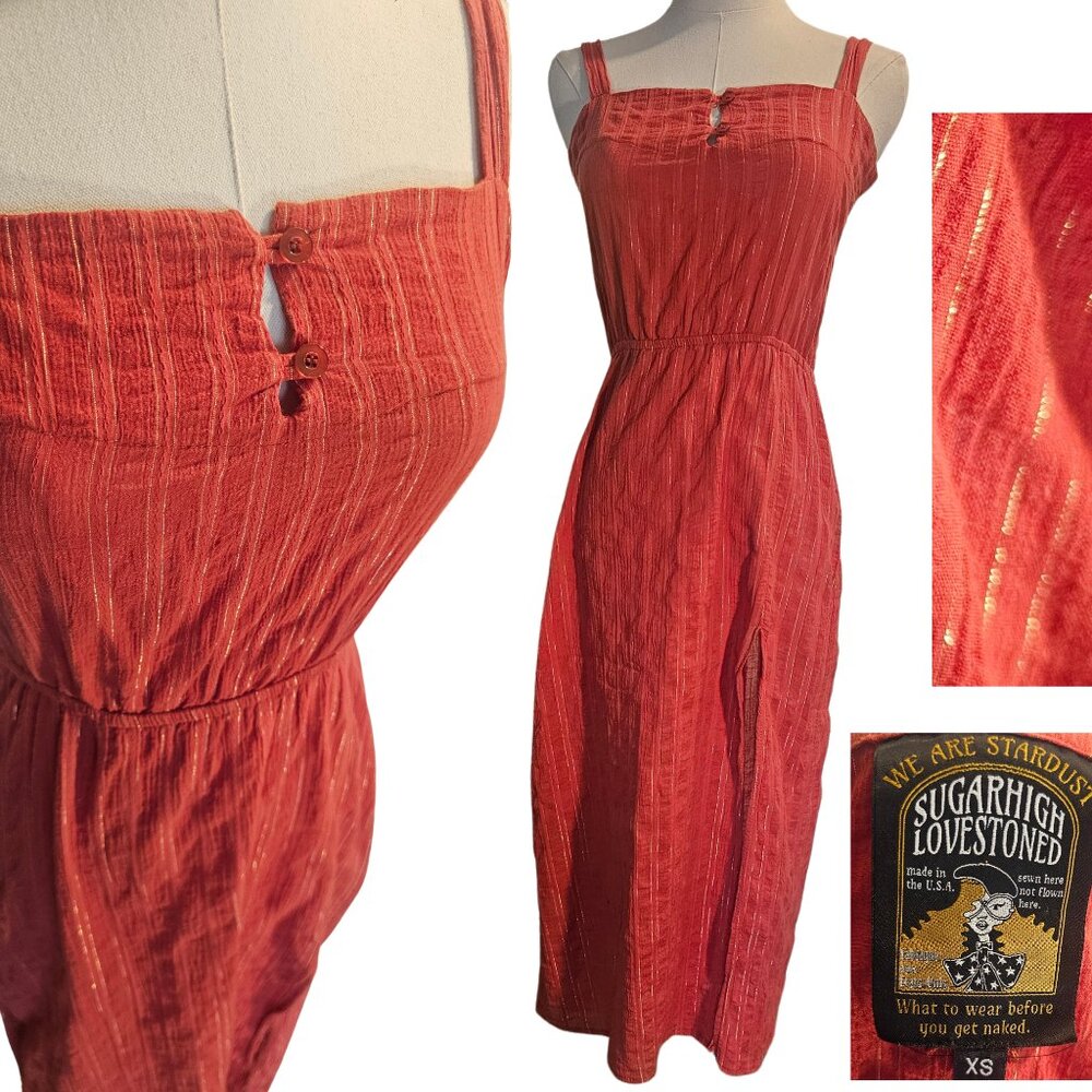 Sugarhigh Lovestoned XS Small Orange Gold Metallic Sun Dress Cotton Made USA